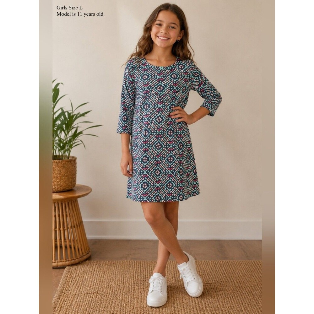 Vineyard Vines Girls Dress Sz L Blue Geometric Whale Print Preppy  Long Sleeve